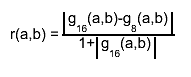 r(a,b) = #frac{#||{g_{16}(a,b)-g_{8}(a,b)}}{1+#||{g_{16}(a,b)}}