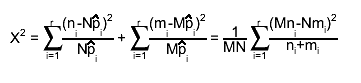 X^{2} = #sum_{i=1}^{r}#frac{(n_{i}-N#hat{p}_{i})^{2}}{N#hat{p}_{i}} + #sum_{i=1}^{r}#frac{(m_{i}-M#hat{p}_{i})^{2}}{M#hat{p}_{i}} = #frac{1}{MN} #sum_{i=1}^{r}#frac{(Mn_{i}-Nm_{i})^{2}}{n_{i}+m_{i}}