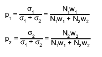 p_{1} = #frac{#sigma_{1}}{#sigma_{1} + #sigma_{2}} = #frac{N_{1}w_{1}}{N_{1}w_{1} + N_{2}w_{2}}