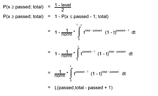P(x #geq passed; total) = #frac{1 - level}{2}