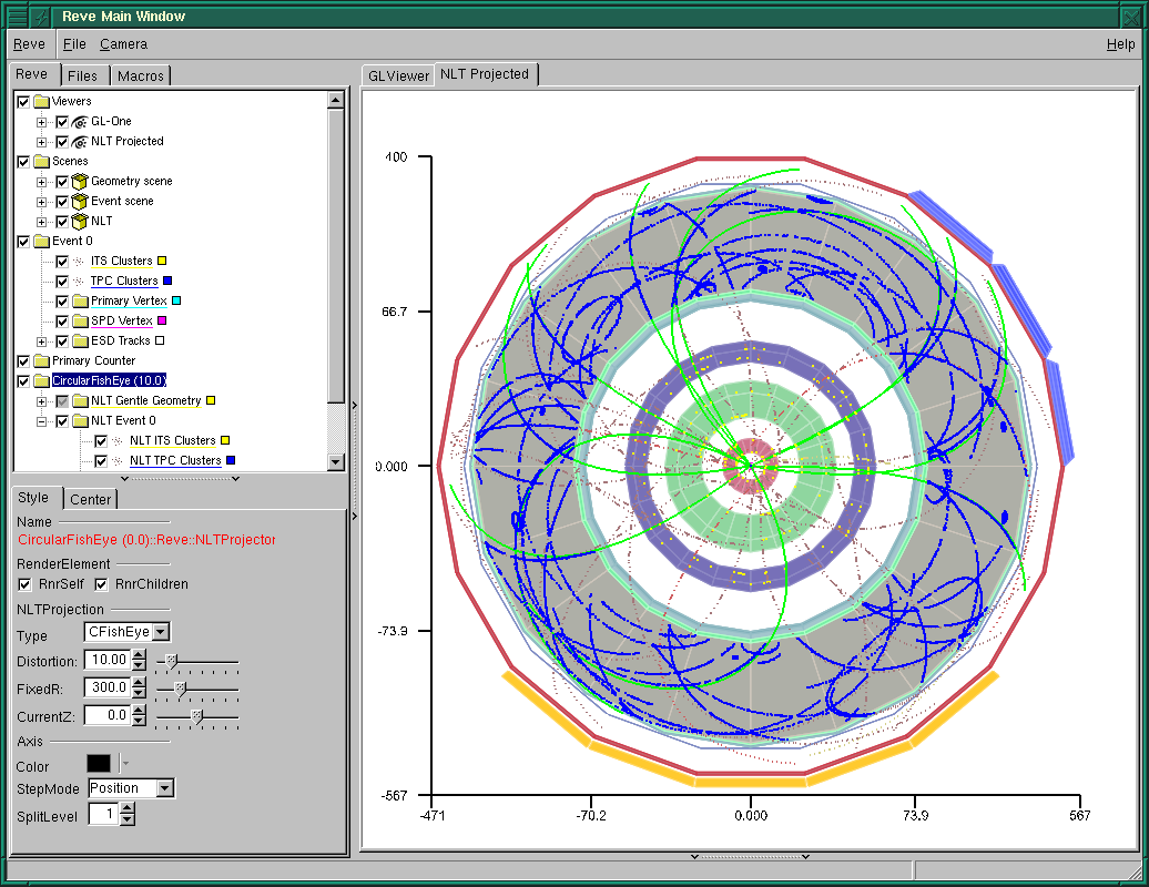 A r-phi projection with fish-eye transformation
	    of a simulated ALICE pp@14TeV event.