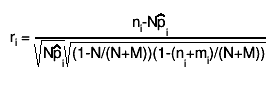 r_{i} = #frac{n_{i}-N#hat{p}_{i}}{#sqrt{N#hat{p}_{i}}#sqrt{(1-N/(N+M))(1-(n_{i}+m_{i})/(N+M))}}