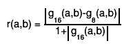 r(a,b) = #frac{#||{g_{16}(a,b)-g_{8}(a,b)}}{1+#||{g_{16}(a,b)}}