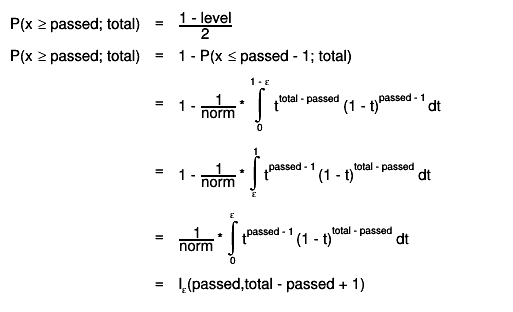 P(x #geq passed; total) = #frac{1 - level}{2}