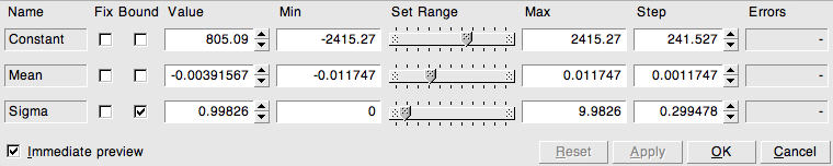 Interactive ROOT panel for setting function parameters.
